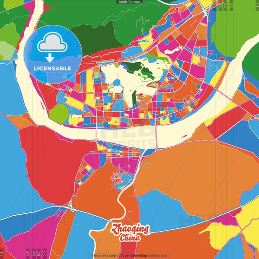 Zhaoqing, Guangdong, China Crazy Colorful Street Map Poster Template