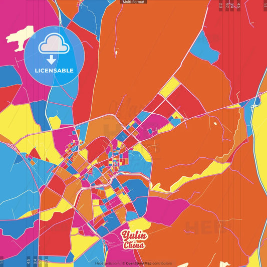 Yulin, Guangxi, China Crazy Colorful Street Map Poster Template