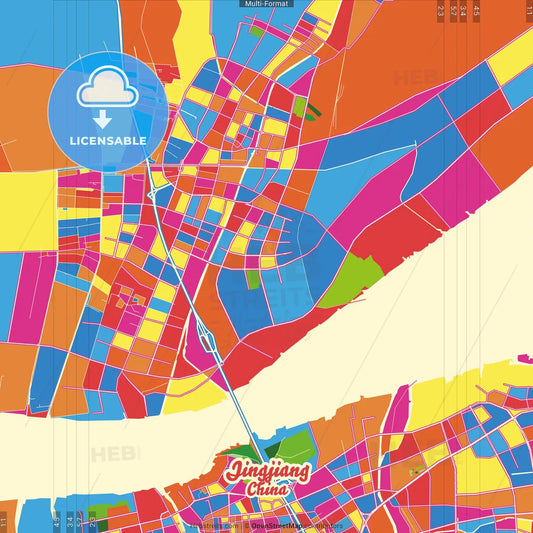 Jingjiang, Jiangsu, China Crazy Colorful Street Map Poster Template