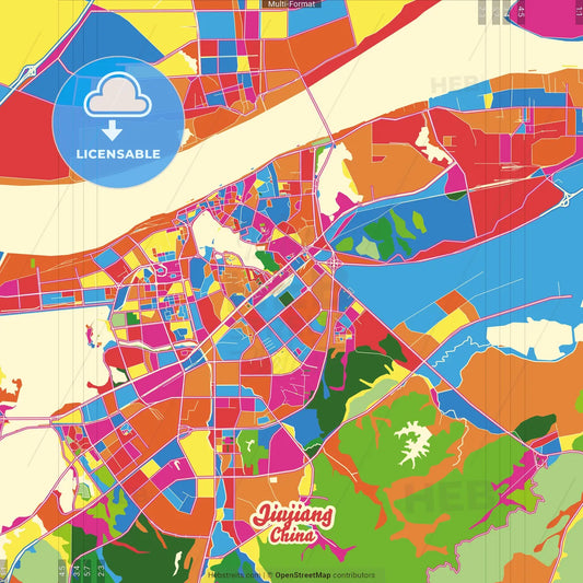 Jiujiang, Jiangxi, China Crazy Colorful Street Map Poster Template