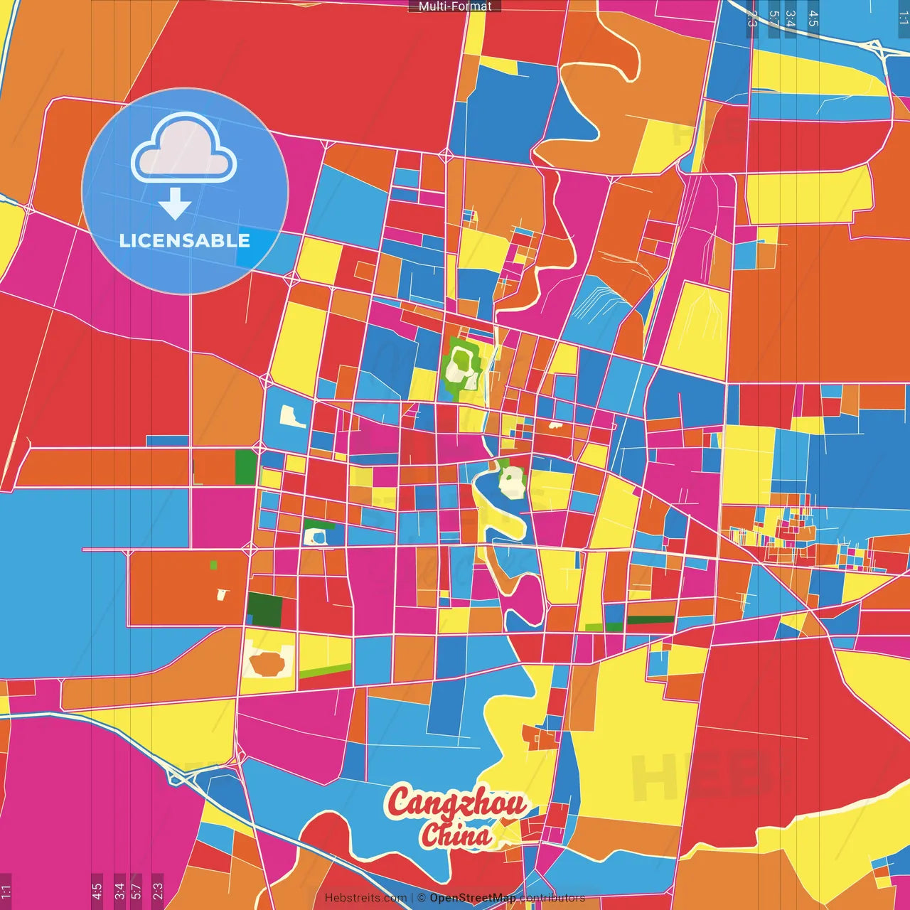 Cangzhou, Hebei, China Crazy Colorful Street Map Poster Template