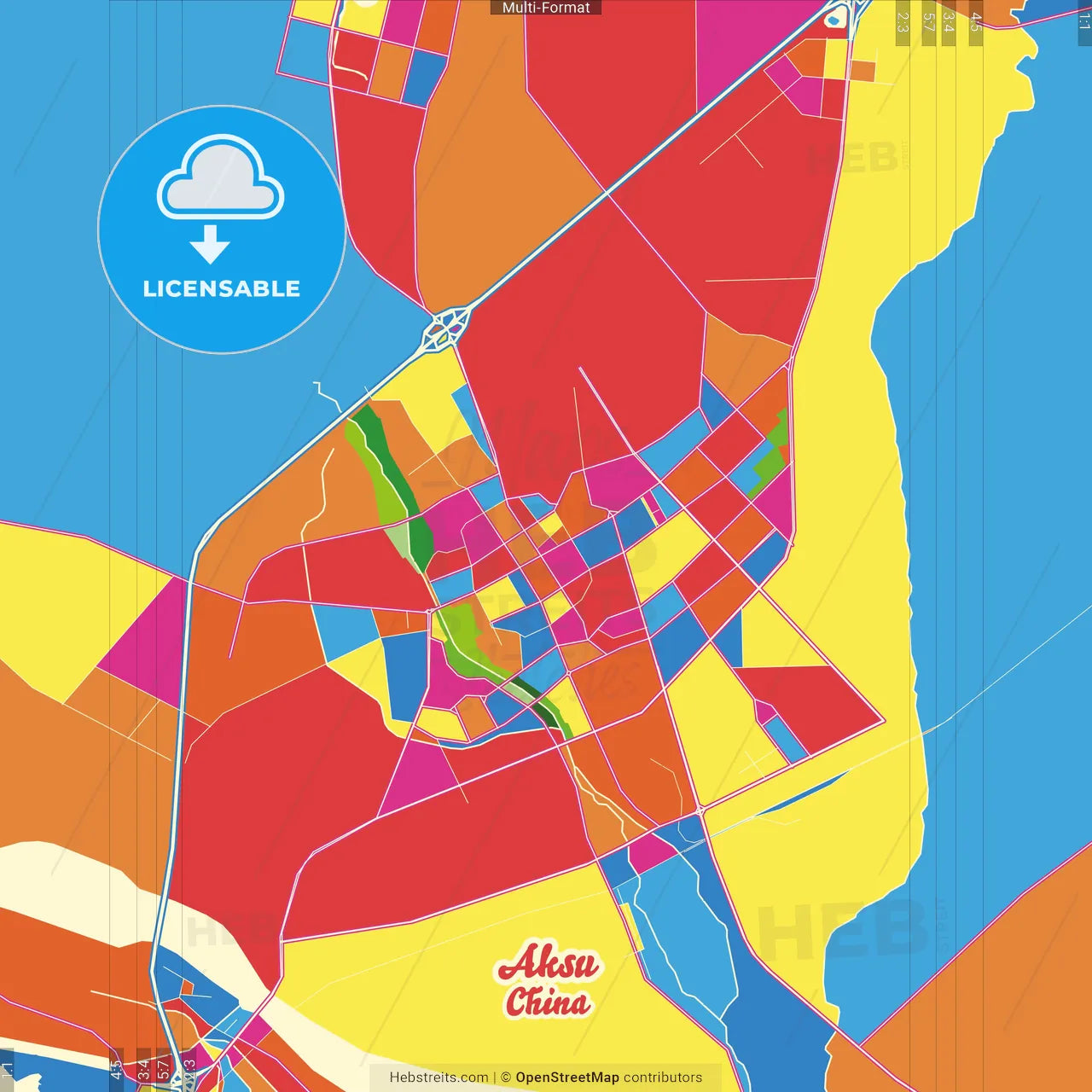 Aksu, Xinjiang, China Crazy Colorful Street Map Poster Template