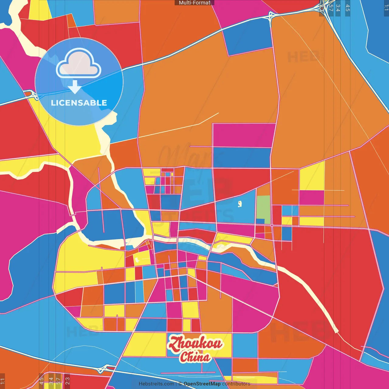 Zhoukou, Henan, China Crazy Colorful Street Map Poster Template