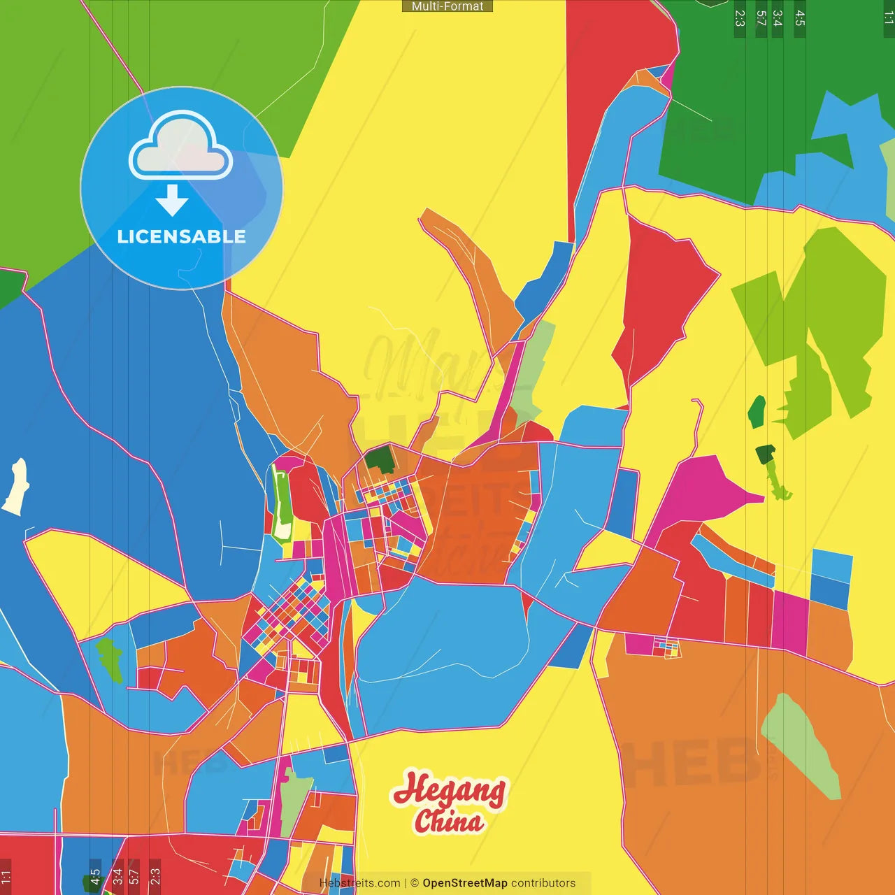 Hegang, Heilongjiang, China Crazy Colorful Street Map Poster Template
