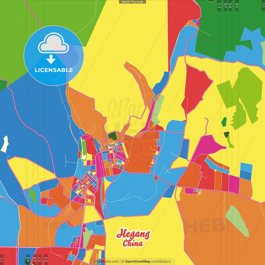 Hegang, Heilongjiang, China Crazy Colorful Street Map Poster Template