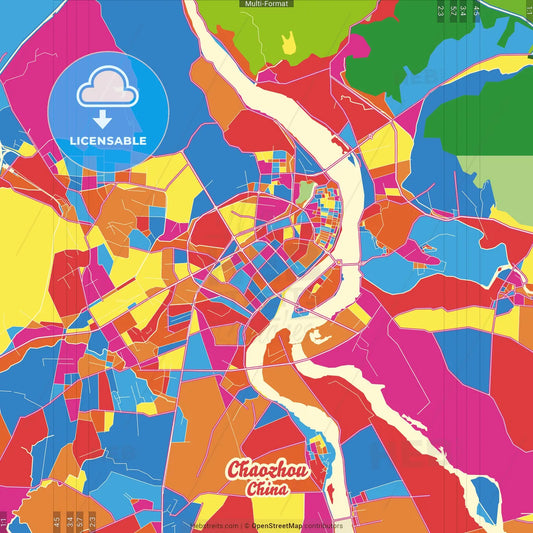 Chaozhou, Guangdong, China Crazy Colorful Street Map Poster Template