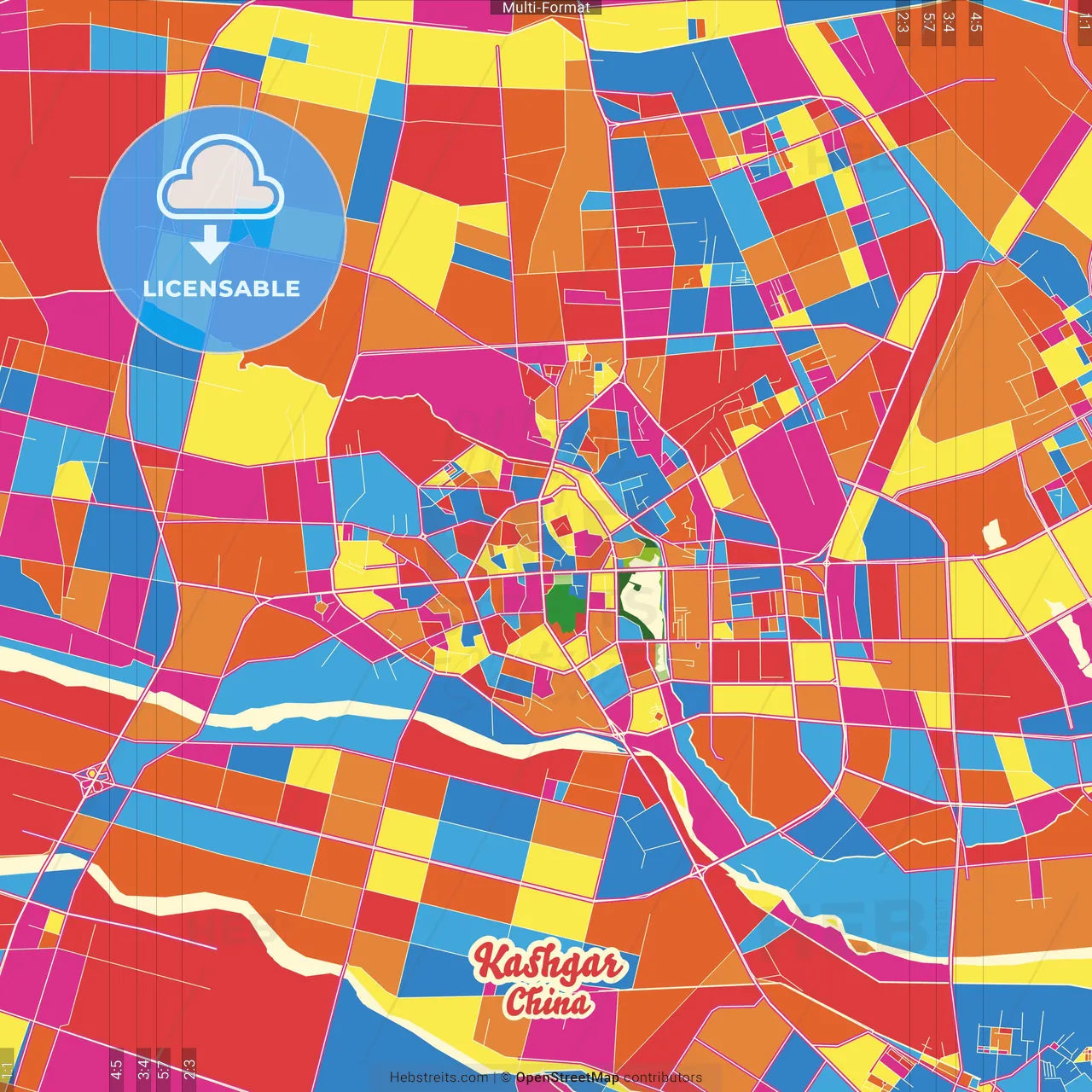 Kashgar, Xinjiang, China Crazy Colorful Street Map Poster Template