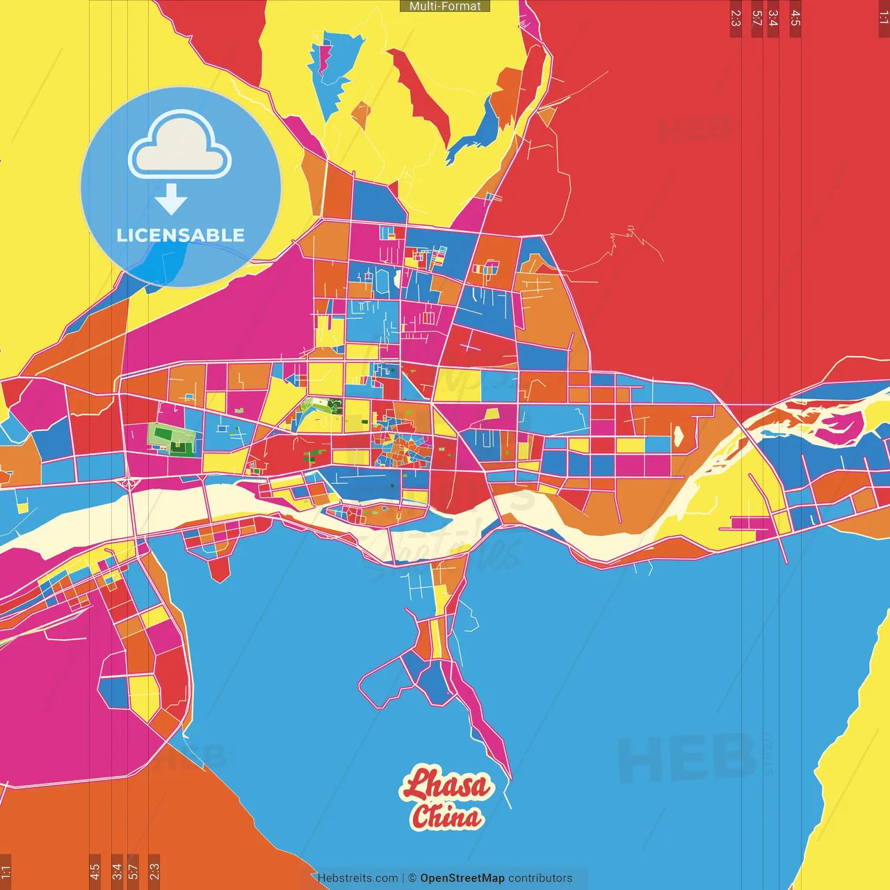 Lhasa, Tibet, China Crazy Colorful Street Map Poster Template