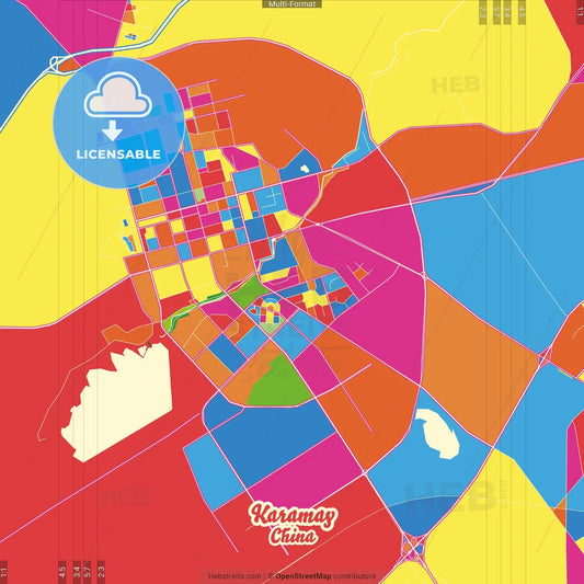 Karamay, Xinjiang, China Crazy Colorful Street Map Poster Template