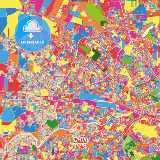 Delhi, Delhi, India Crazy Colorful Street Map Poster Template