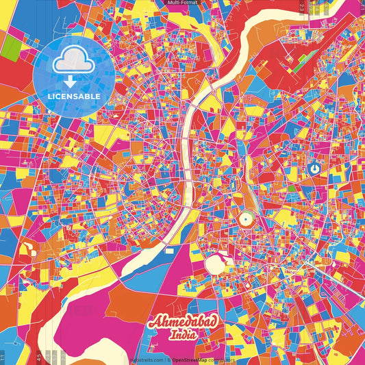 Ahmedabad, Gujarat, India Crazy Colorful Street Map Poster Template