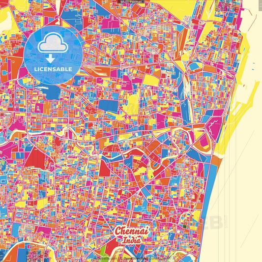 Chennai, Tamil Nadu, India Crazy Colorful Street Map Poster Template