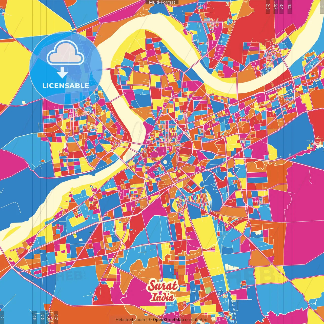 Surat, Gujarat, India Crazy Colorful Street Map Poster Template