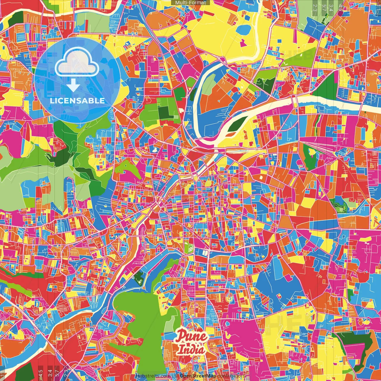 Pune, Maharashtra, India Crazy Colorful Street Map Poster Template