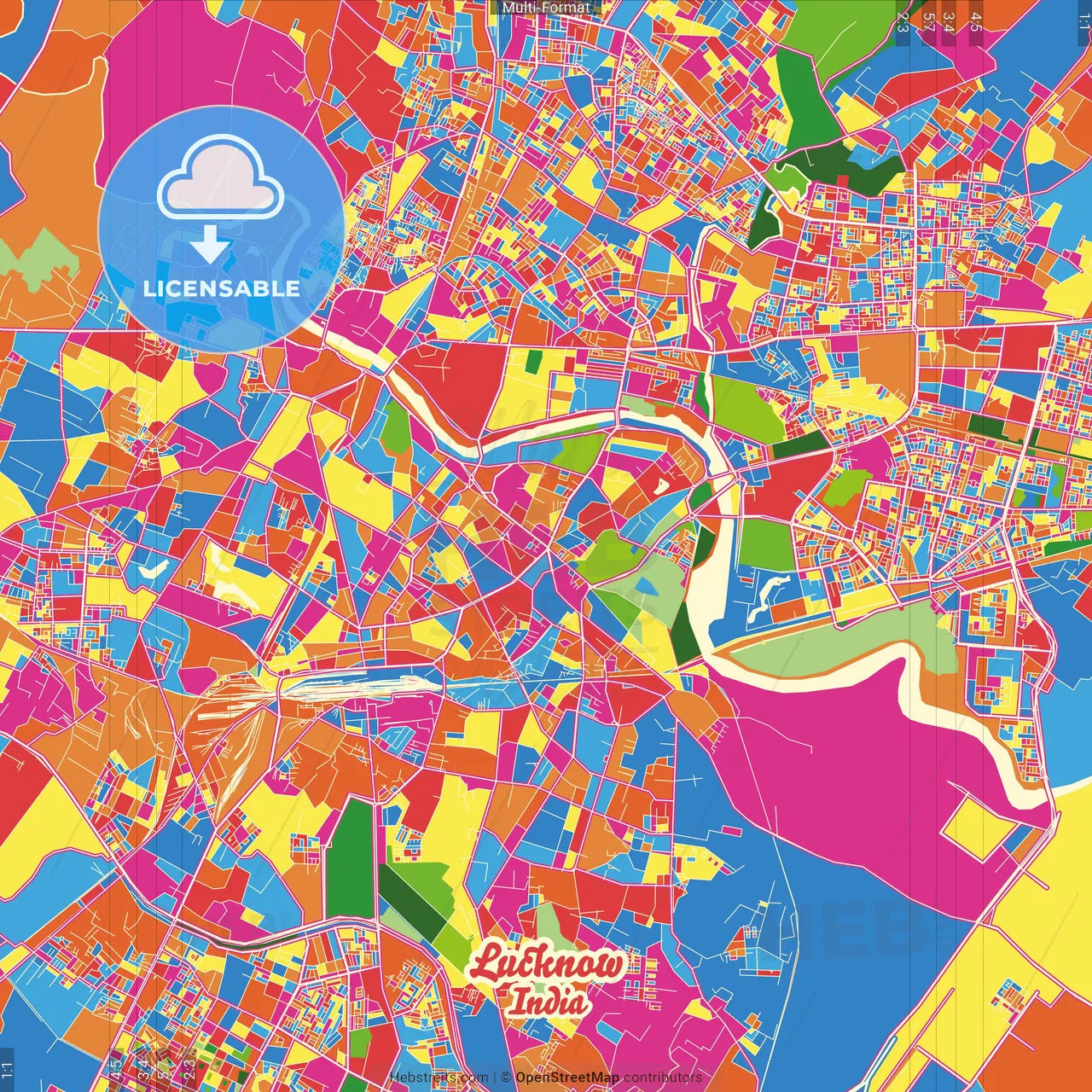 Lucknow, Uttar Pradesh, India Crazy Colorful Street Map Poster Template