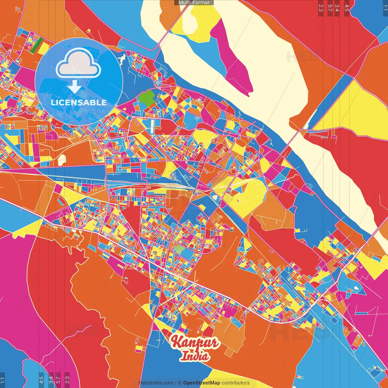 Kanpur, Uttar Pradesh, India Crazy Colorful Street Map Poster Template