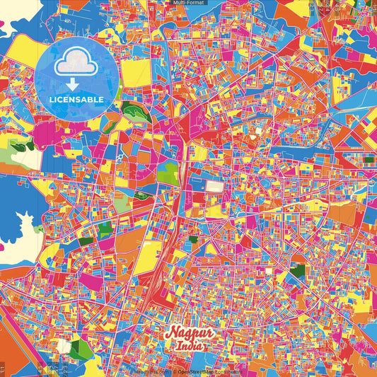 Nagpur, Maharashtra, India Crazy Colorful Street Map Poster Template