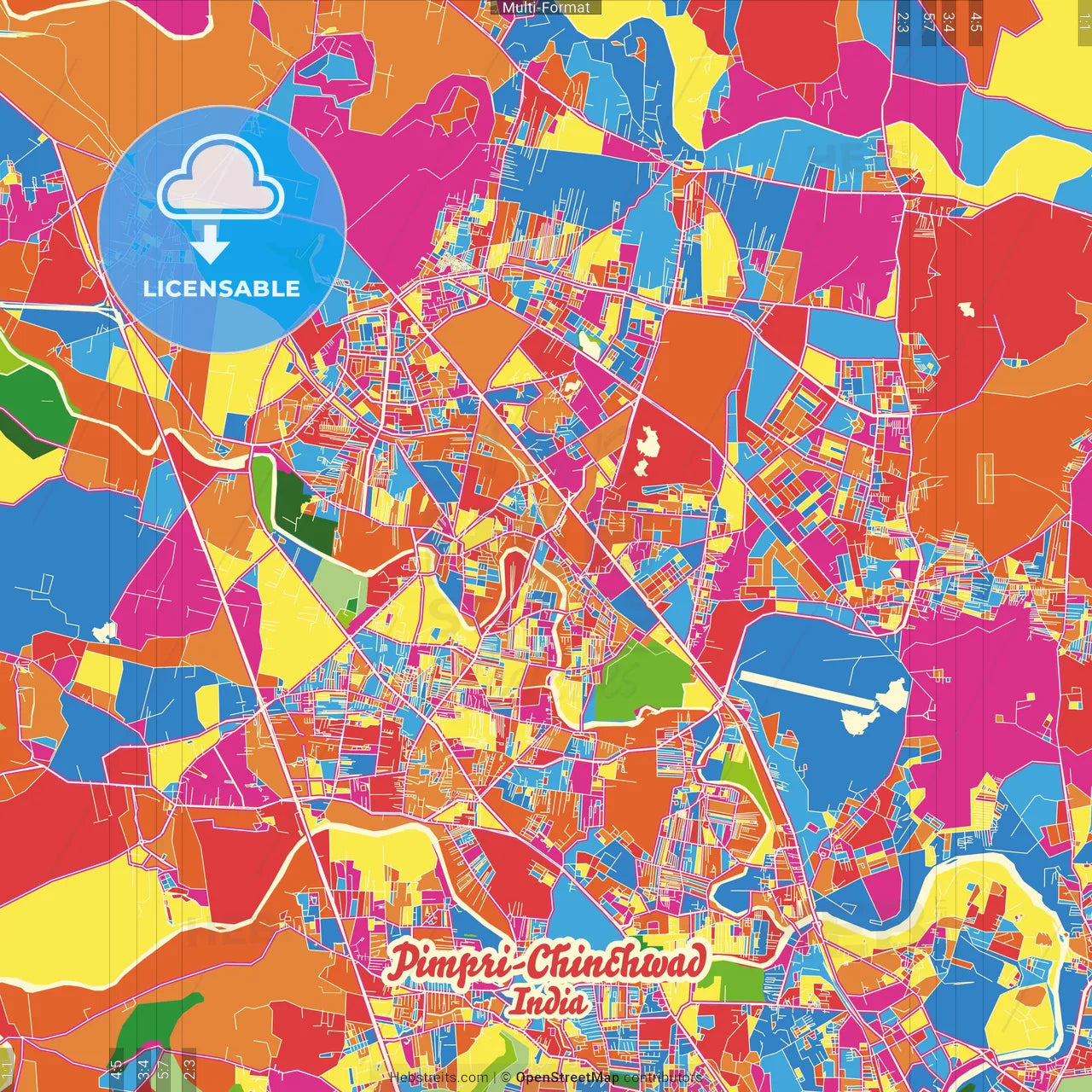 Pimpri-Chinchwad, Maharashtra, India Crazy Colorful Street Map Poster Template