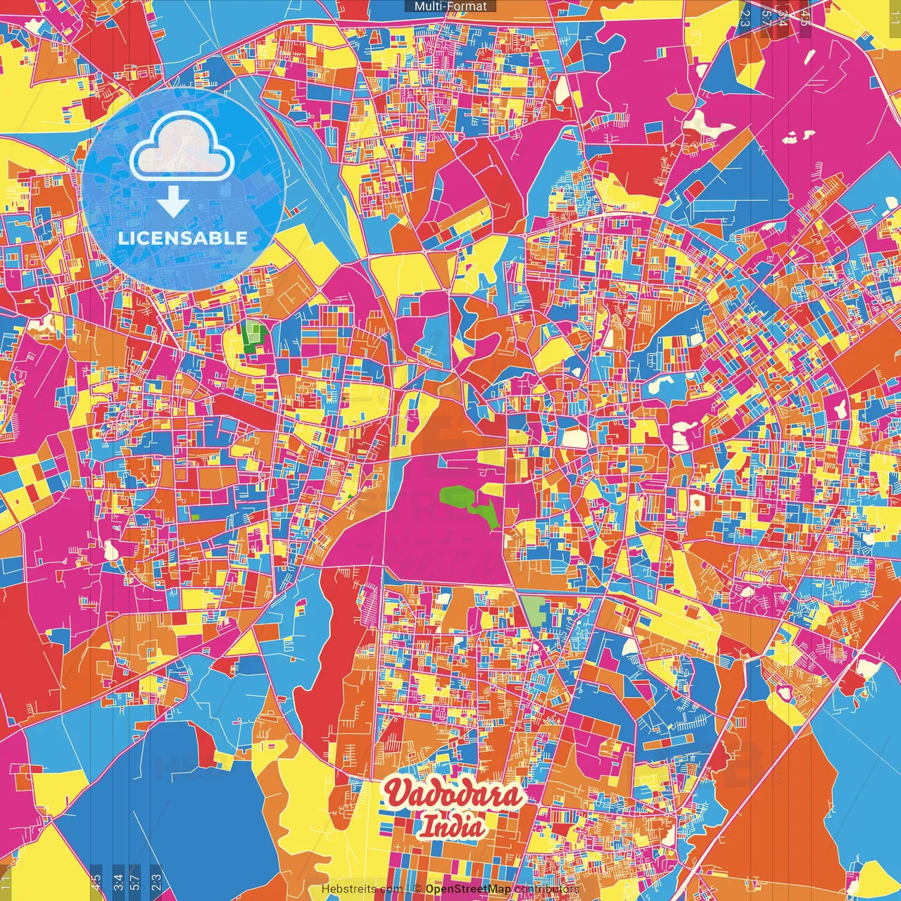Vadodara, Gujarat, India Crazy Colorful Street Map Poster Template