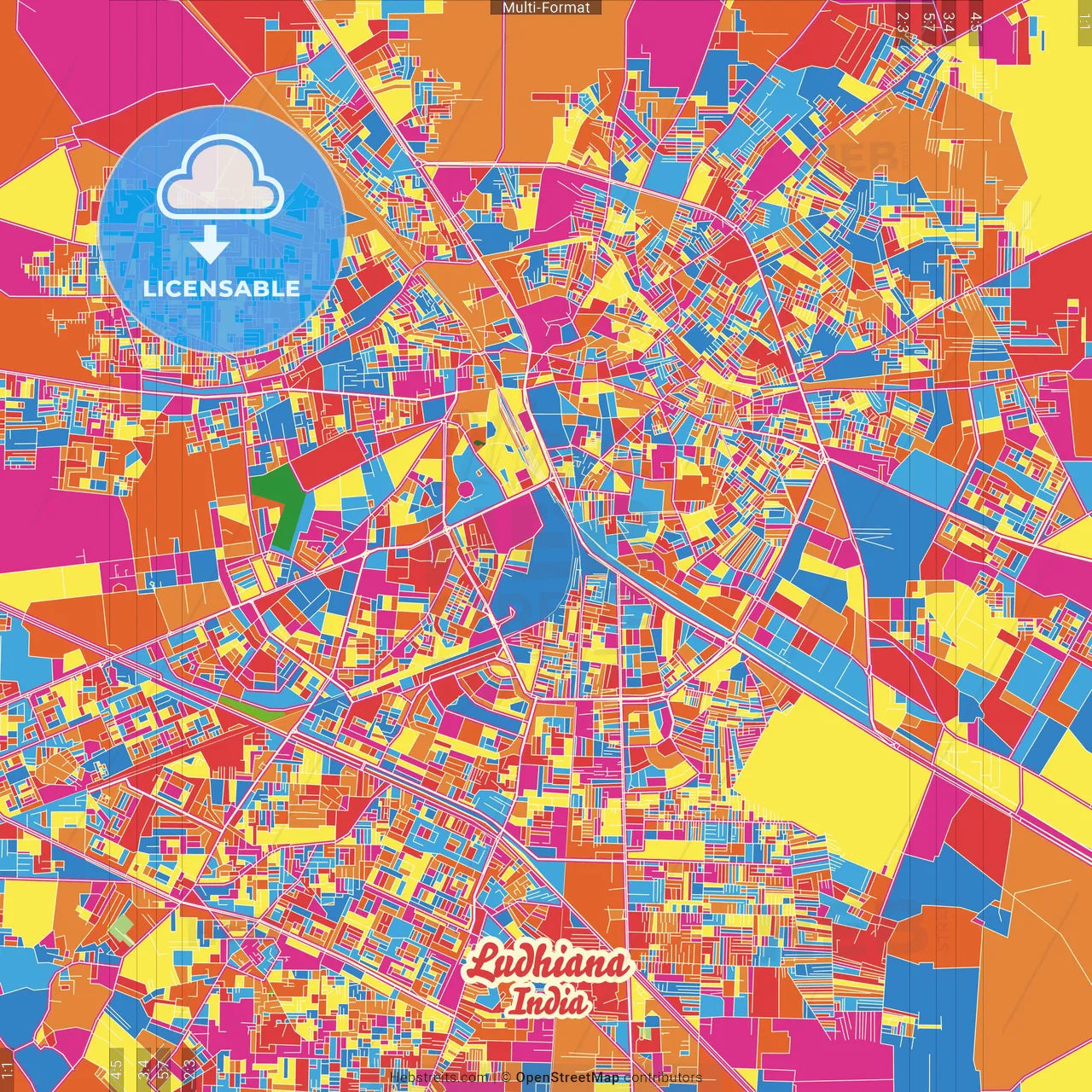 Ludhiana, Punjab, India Crazy Colorful Street Map Poster Template
