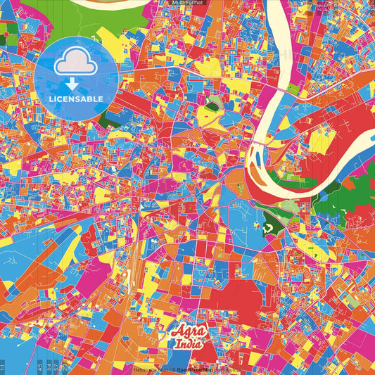 Agra, Uttar Pradesh, India Crazy Colorful Street Map Poster Template