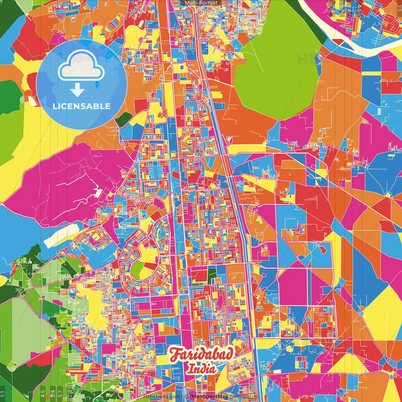 Faridabad, Haryana, India Crazy Colorful Street Map Poster Template