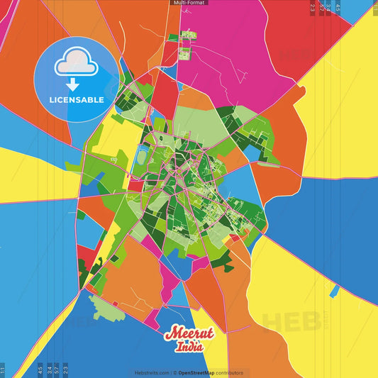 Meerut, Uttar Pradesh, India Crazy Colorful Street Map Poster Template