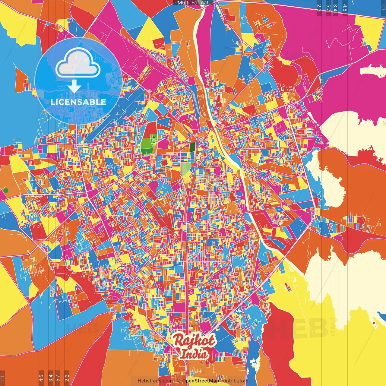 Rajkot, Gujarat, India Crazy Colorful Street Map Poster Template