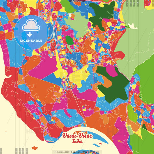 Vasai-Virar, Maharashtra, India Crazy Colorful Street Map Poster Template