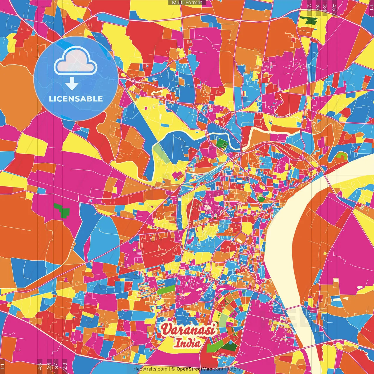 Varanasi, Uttar Pradesh, India Crazy Colorful Street Map Poster Template