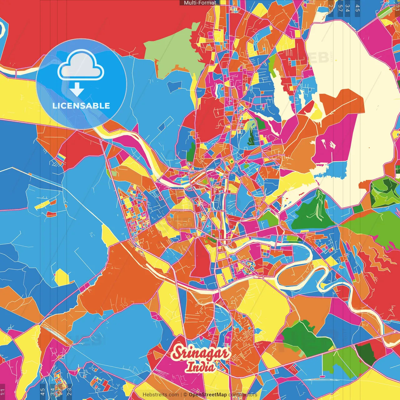 Srinagar, Jammu and Kashmir, India Crazy Colorful Street Map Poster Template