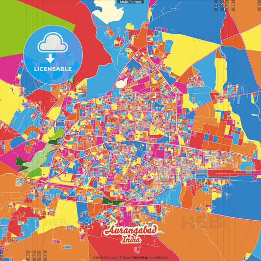 Aurangabad, Maharashtra, India Crazy Colorful Street Map Poster Template