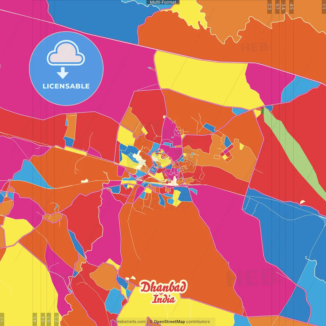 Dhanbad, Jharkhand, India Crazy Colorful Street Map Poster Template