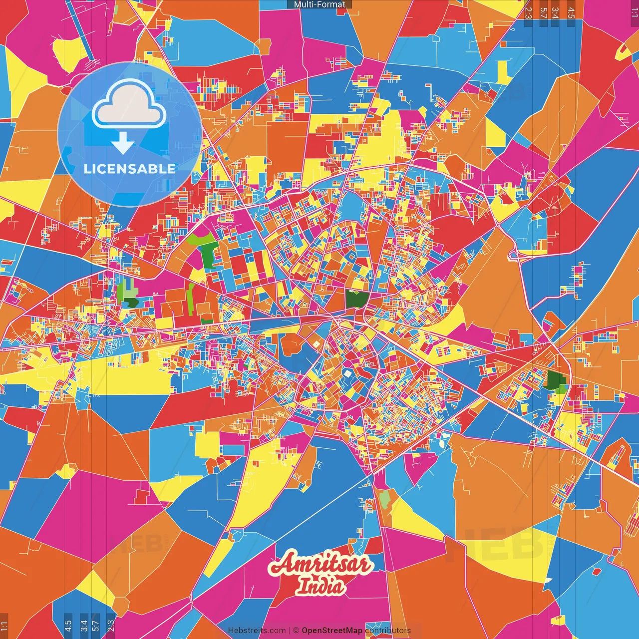 Amritsar, Punjab, India Crazy Colorful Street Map Poster Template