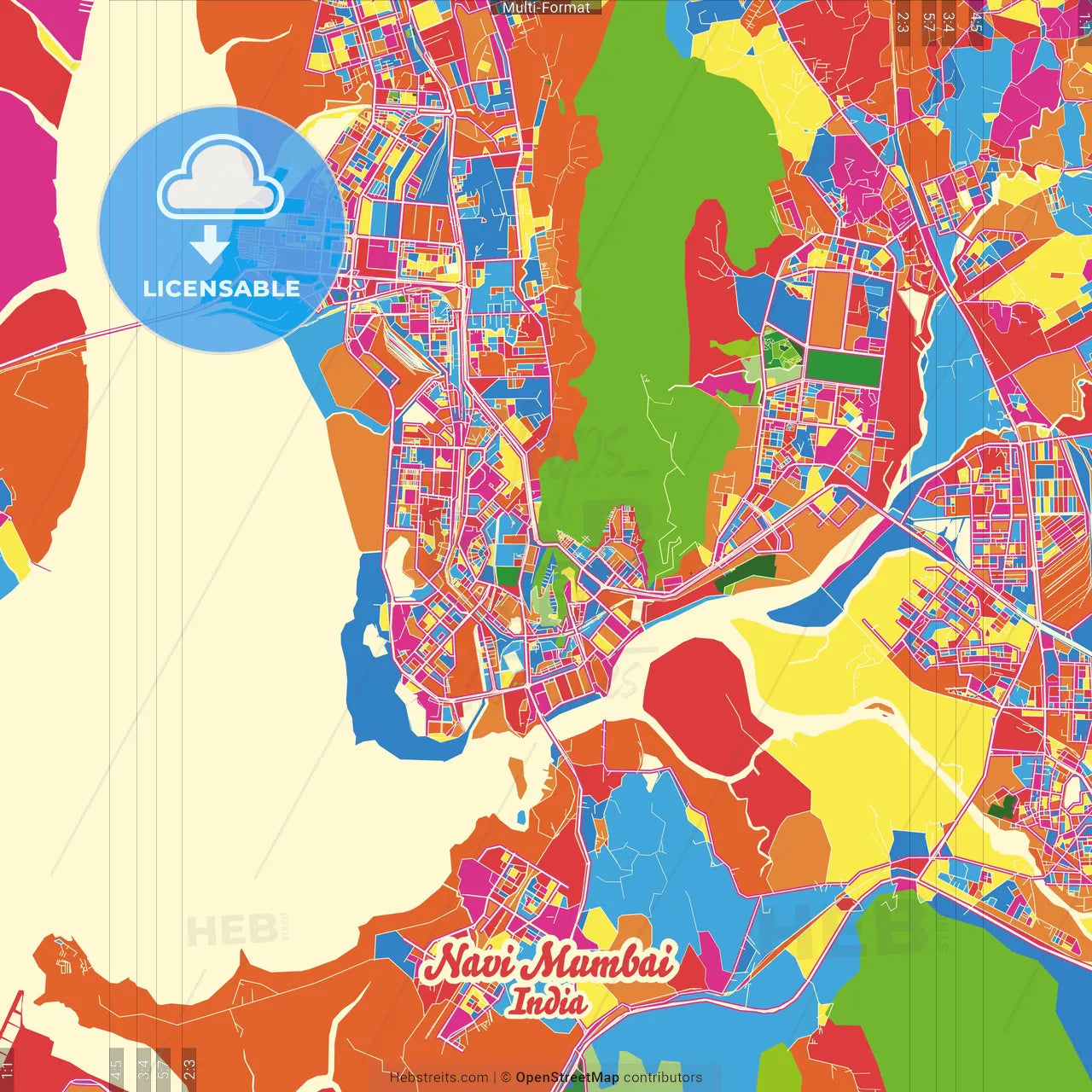 Navi Mumbai, Maharashtra, India Crazy Colorful Street Map Poster Template