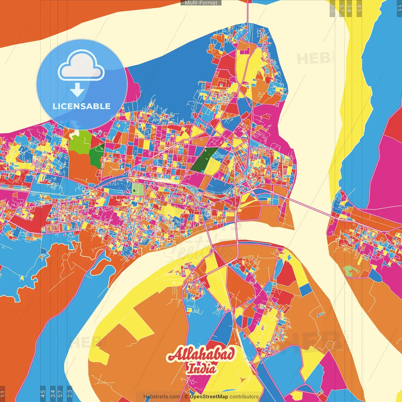 Allahabad, Uttar Pradesh, India Crazy Colorful Street Map Poster Template