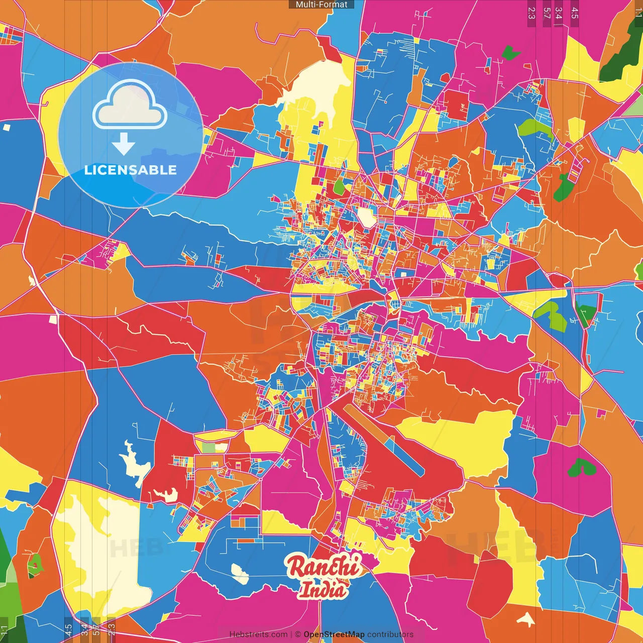 Ranchi, Jharkhand, India Crazy Colorful Street Map Poster Template