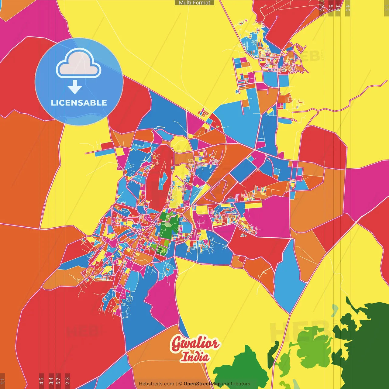 Gwalior, Madhya Pradesh, India Crazy Colorful Street Map Poster Template