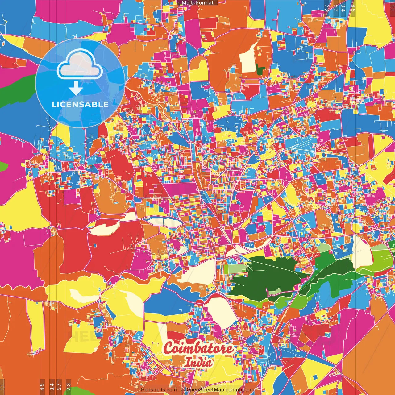 Coimbatore, Tamil Nadu, India Crazy Colorful Street Map Poster Template