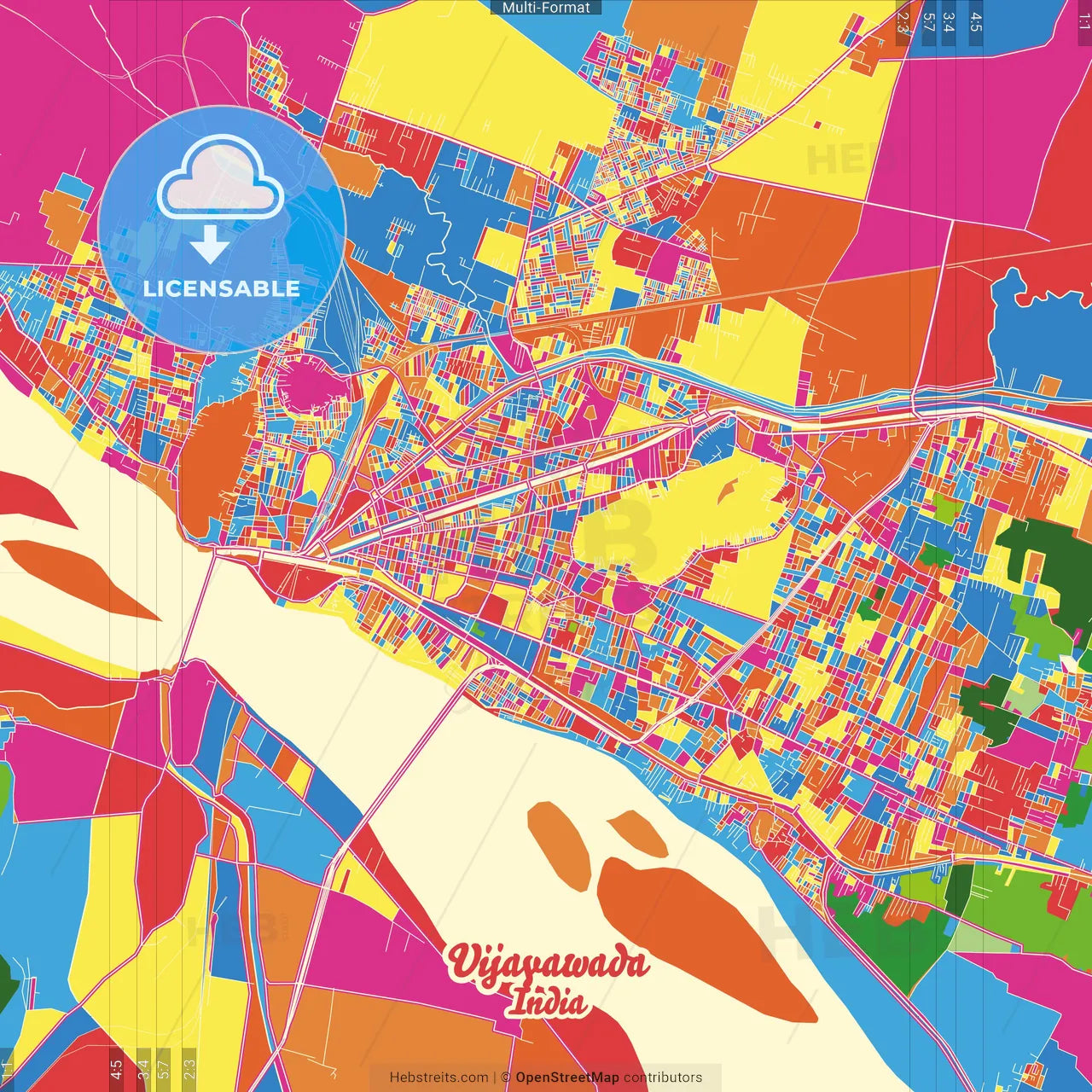 Vijayawada, Andhra Pradesh, India Crazy Colorful Street Map Poster Template