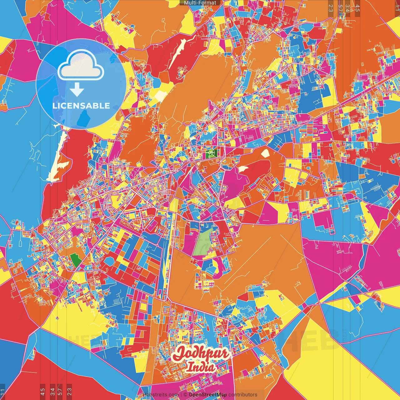 Jodhpur, Rajasthan, India Crazy Colorful Street Map Poster Template