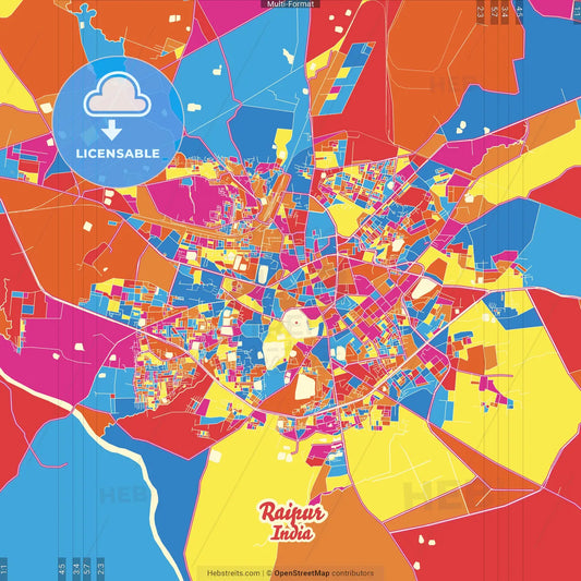 Raipur, Chhattisgarh, India Crazy Colorful Street Map Poster Template