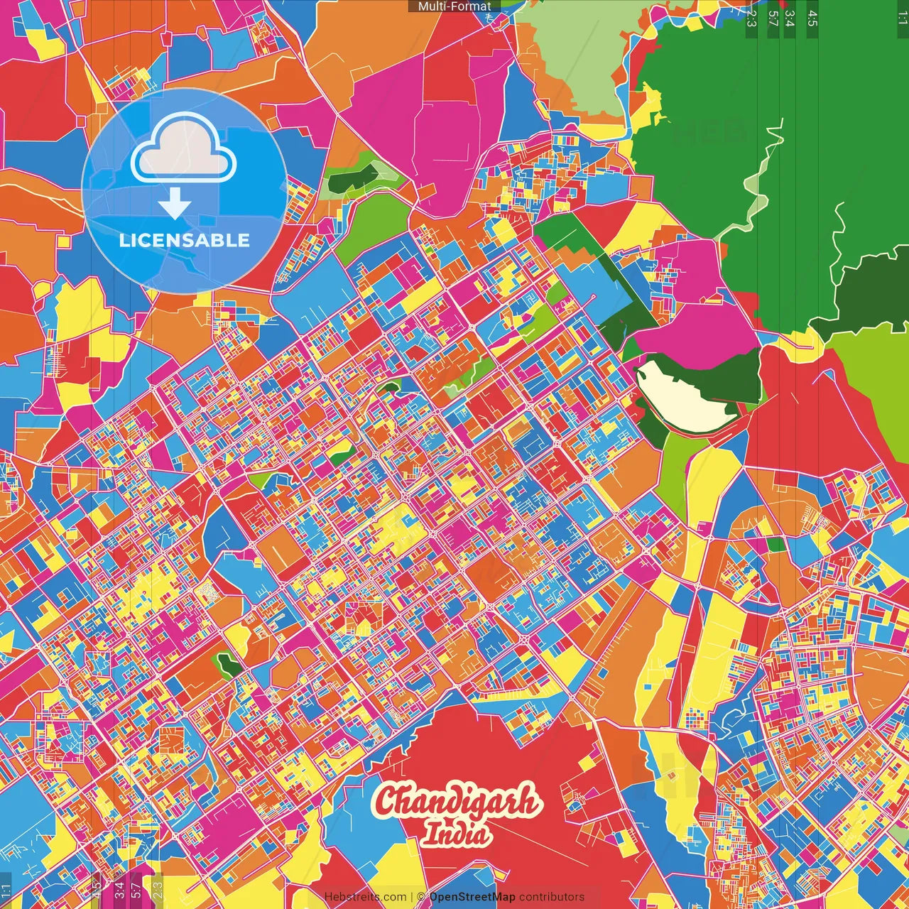 Chandigarh, Chandigarh, India Crazy Colorful Street Map Poster Template