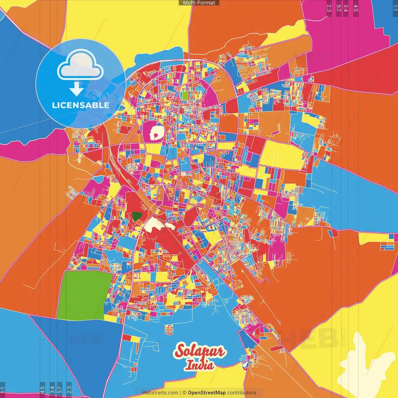 Solapur, Maharashtra, India Crazy Colorful Street Map Poster Template