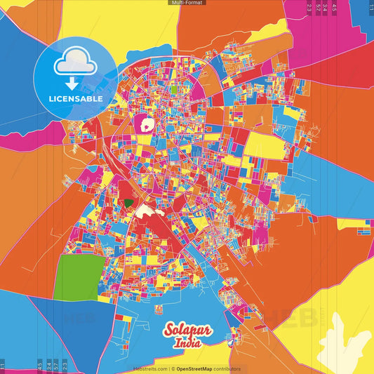 Solapur, Maharashtra, India Crazy Colorful Street Map Poster Template