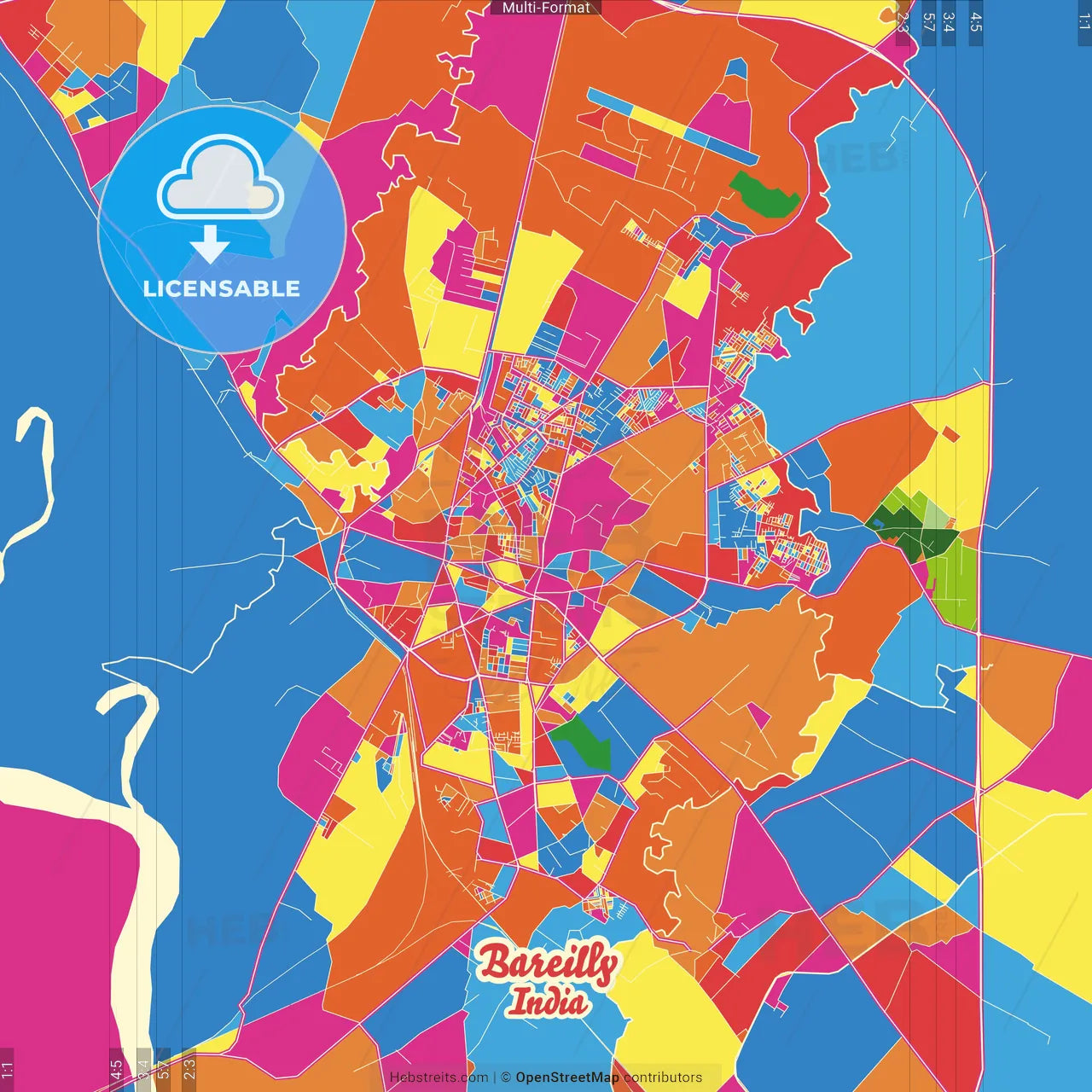 Bareilly, Uttar Pradesh, India Crazy Colorful Street Map Poster Template