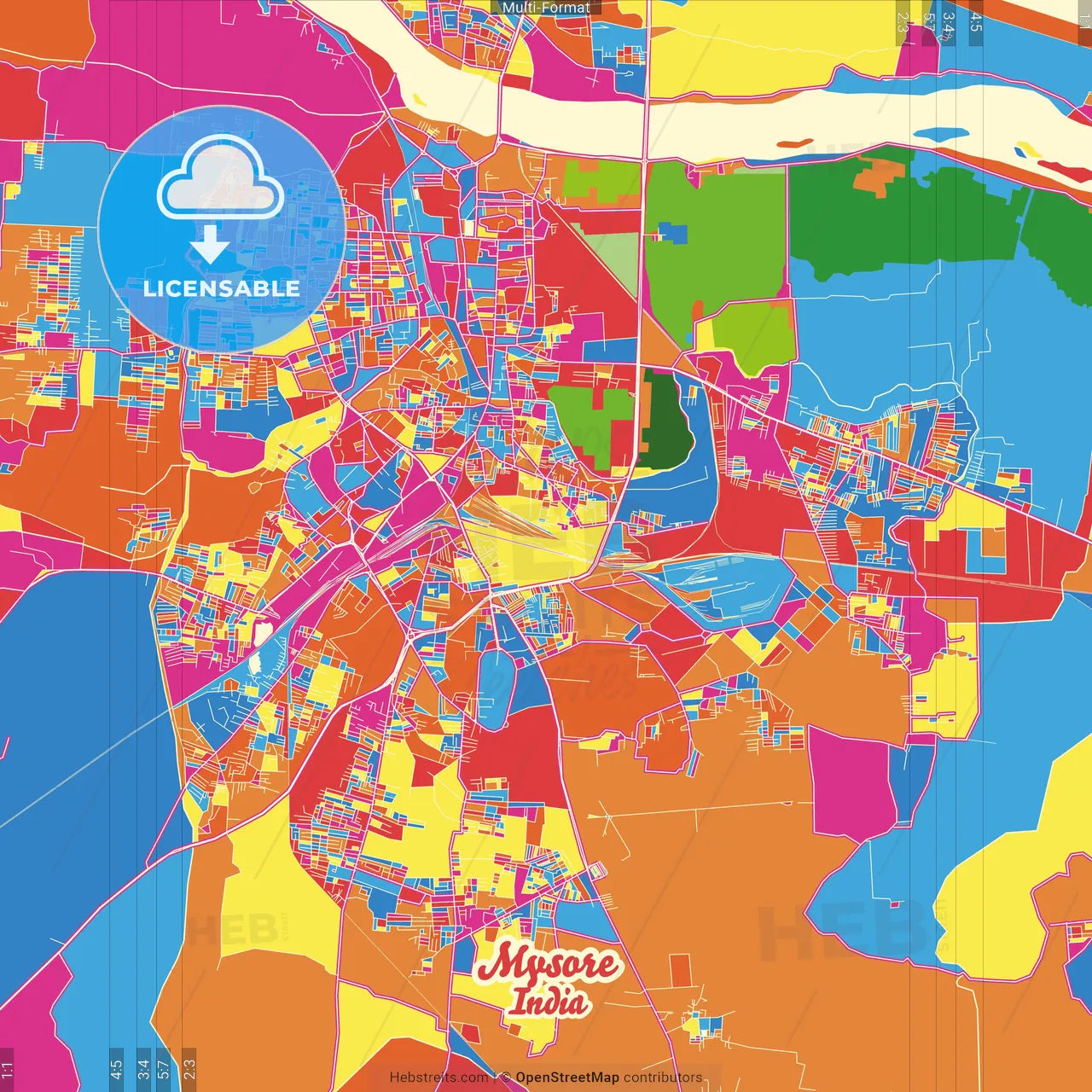 Mysore, Karnataka, India Crazy Colorful Street Map Poster Template