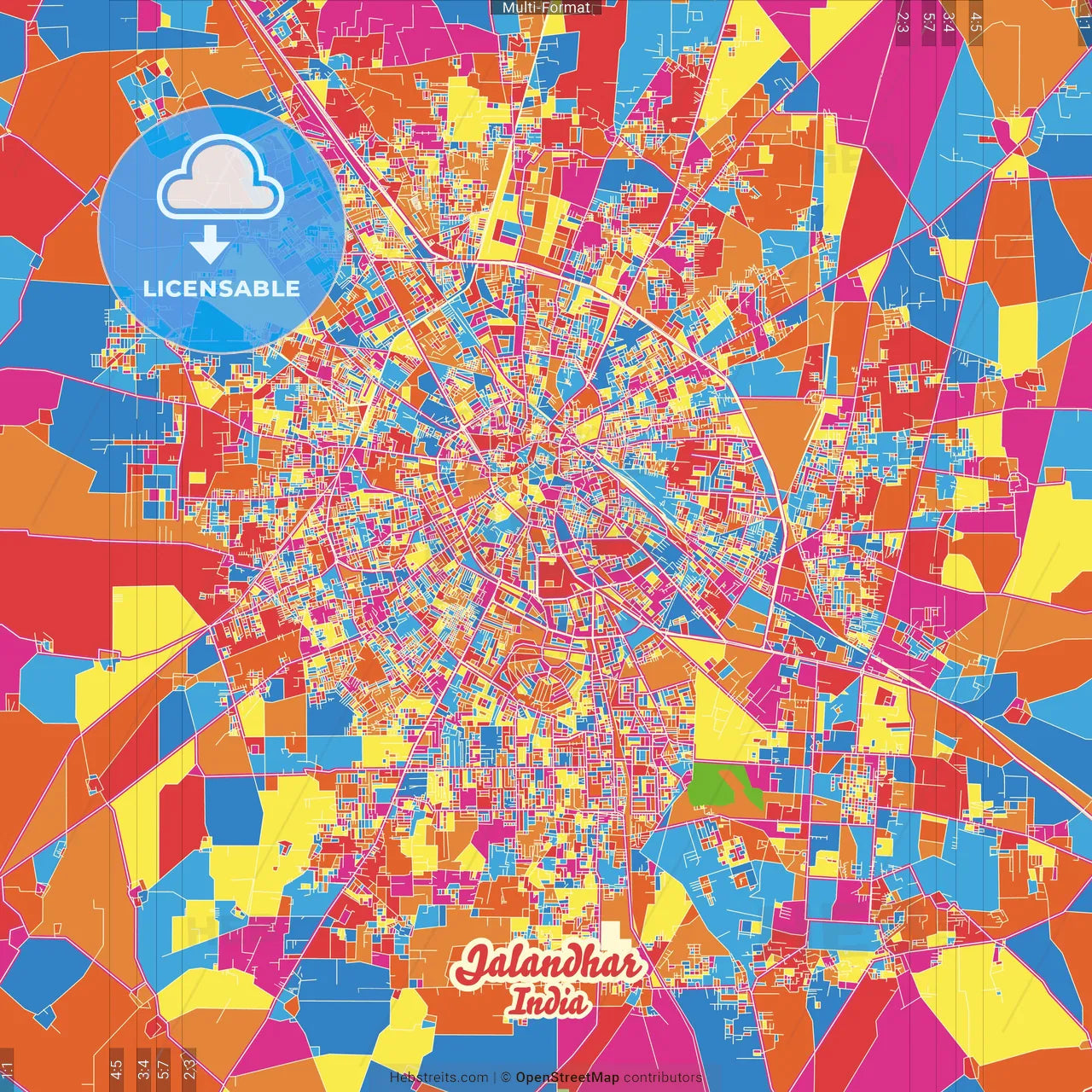 Jalandhar, Punjab, India Crazy Colorful Street Map Poster Template