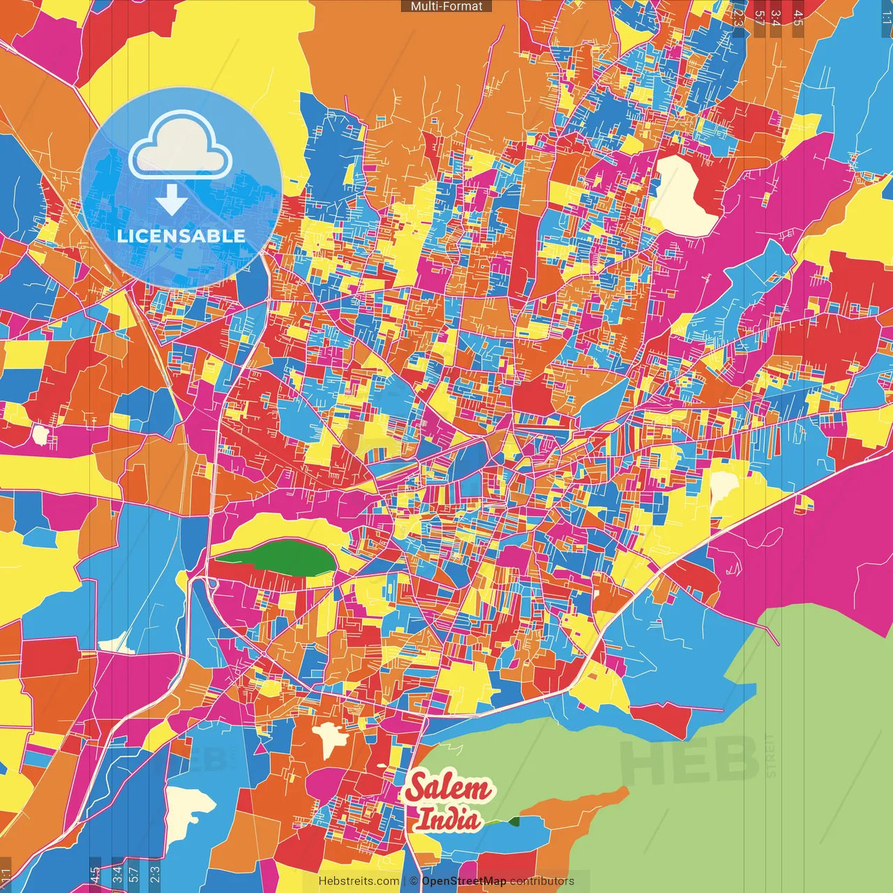 Salem, Tamil Nadu, India Crazy Colorful Street Map Poster Template