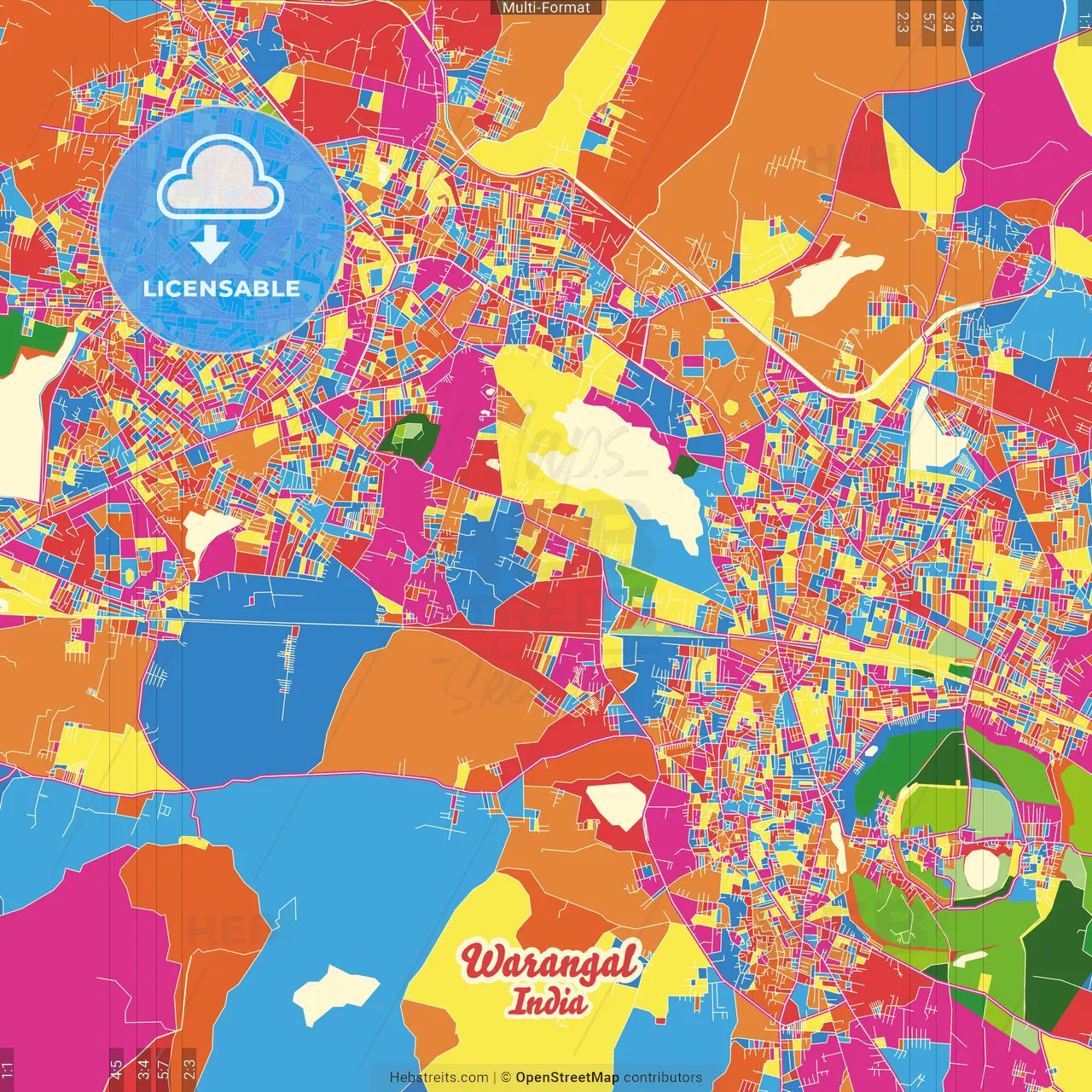 Warangal, Telangana, India Crazy Colorful Street Map Poster Template